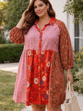 Easel Mixed Floral Patchwork Mini Dress in Pink & Red